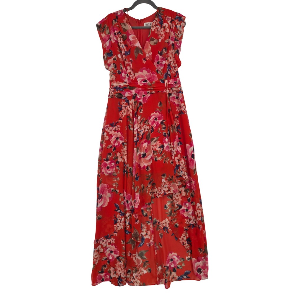 Eliza J Red Floral High-Low Maxi Dress Sleeveless V-Neck Faux Wrap 10 Wedding
